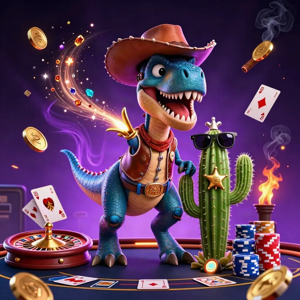 Cowboy T-Rex, cactus sidekick, and roadrunner in a glowing casino scene with coins and chips