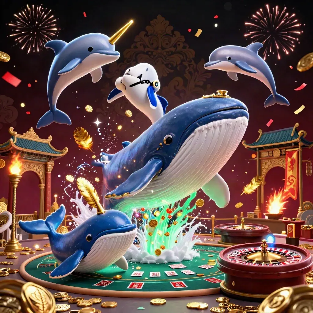 Whale captain, narwhal, and dolphins in a luxe casino scene with coins, banners, and glowing effects.