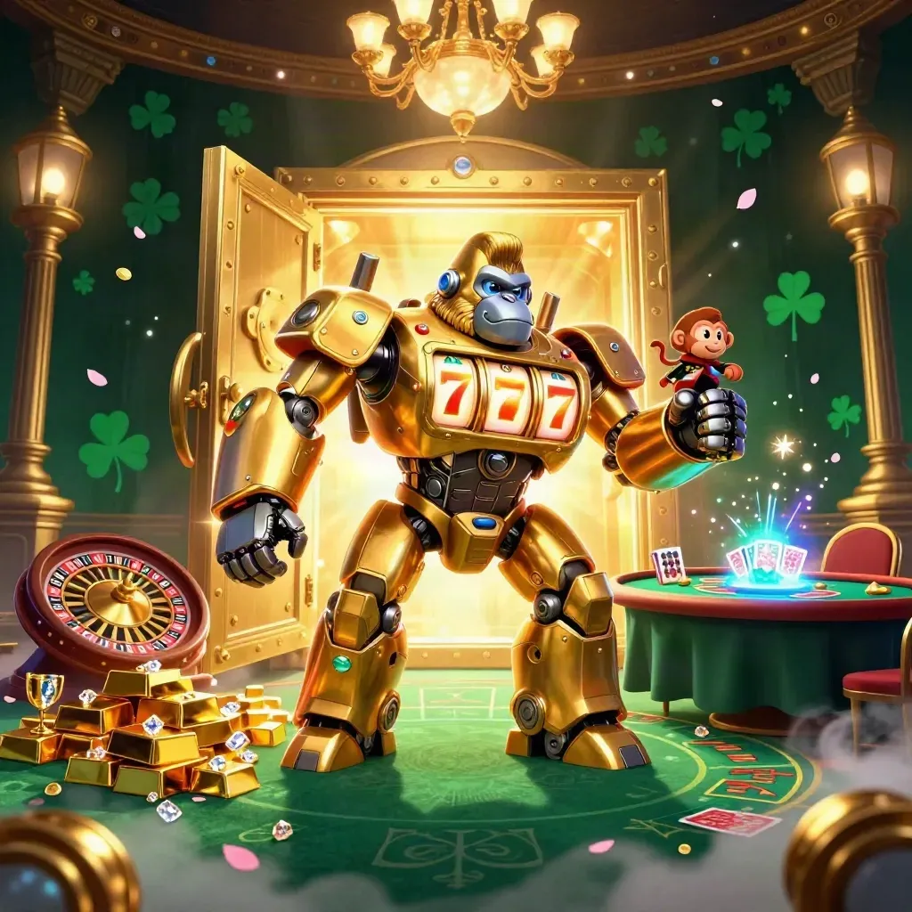 Golden gorilla mech and monkey pilot erupt from a vault in a neon casino room.
