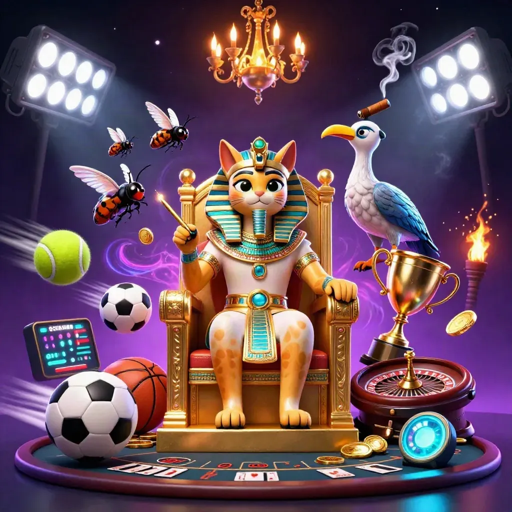 Pharaoh cat, ibis scribe, and gem scarabs amid casino lights, trophy, balls, and gold coins.