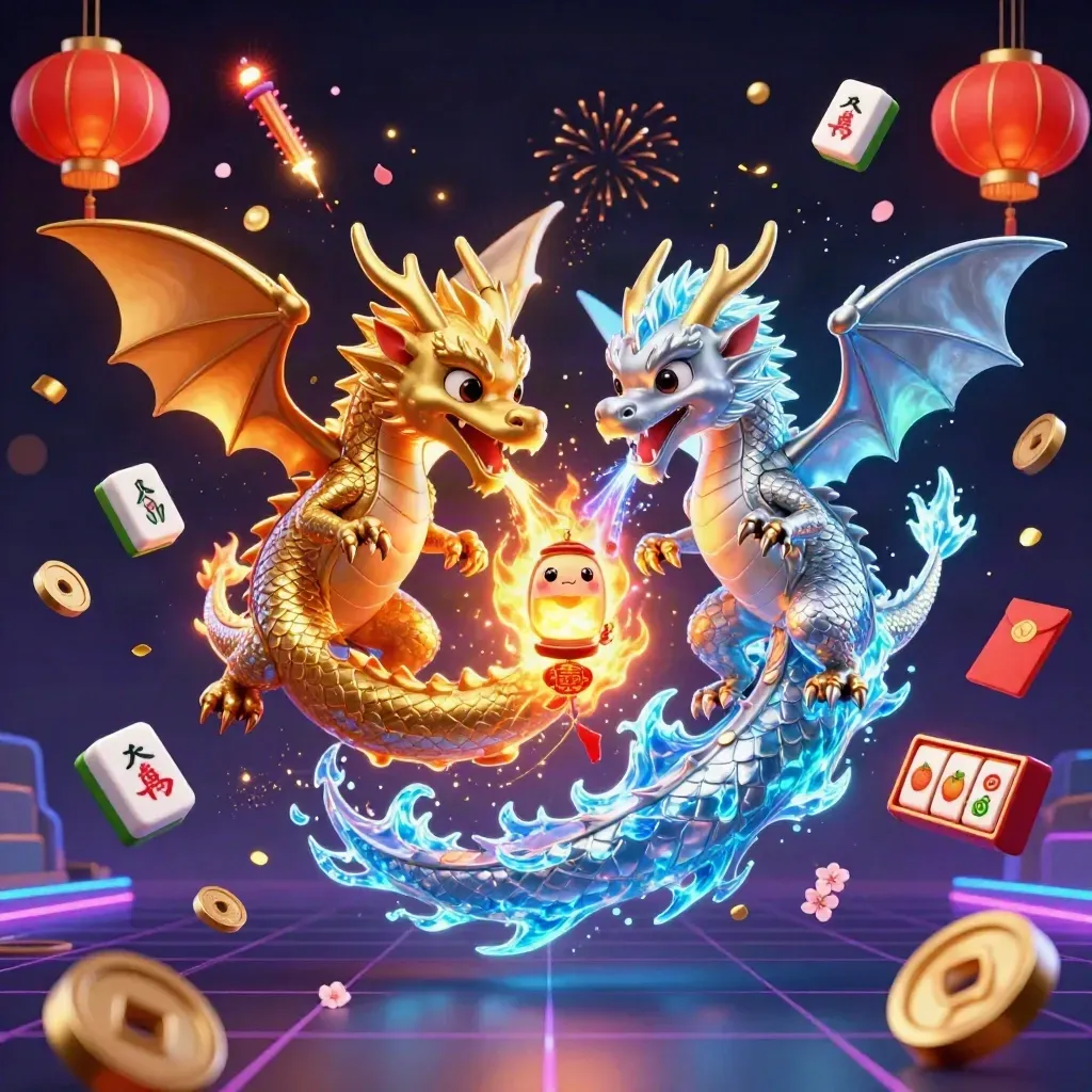 Twin dragons clash fire and ice amid casino treasures, lanterns, and neon blue glow.