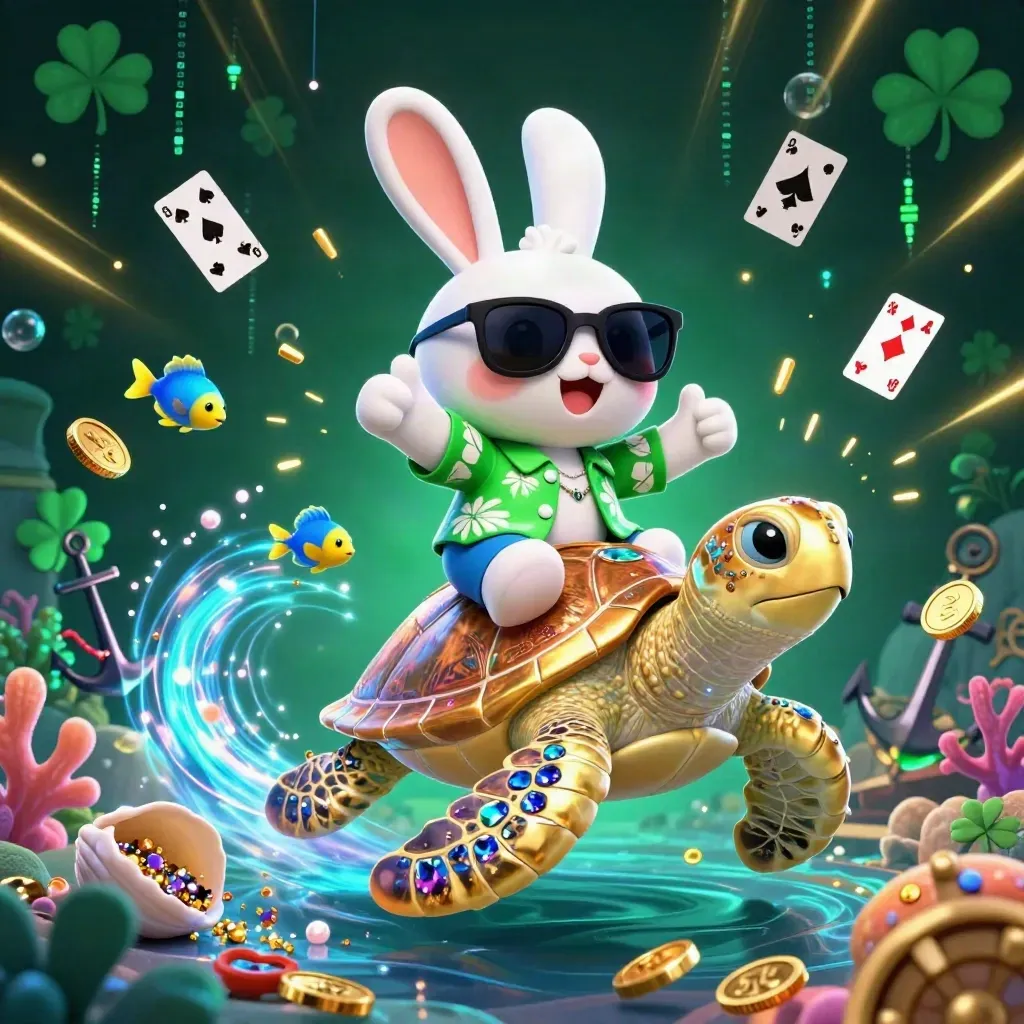 Lucky rabbit rides a gem-shell sea turtle through a neon underwater treasure cove.
