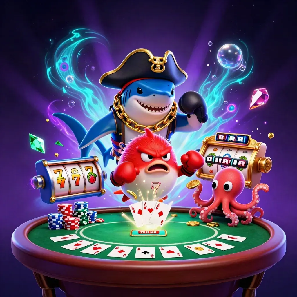 Pirate shark, boxing pufferfish, and coin-juggling octopus over neon casino treasure