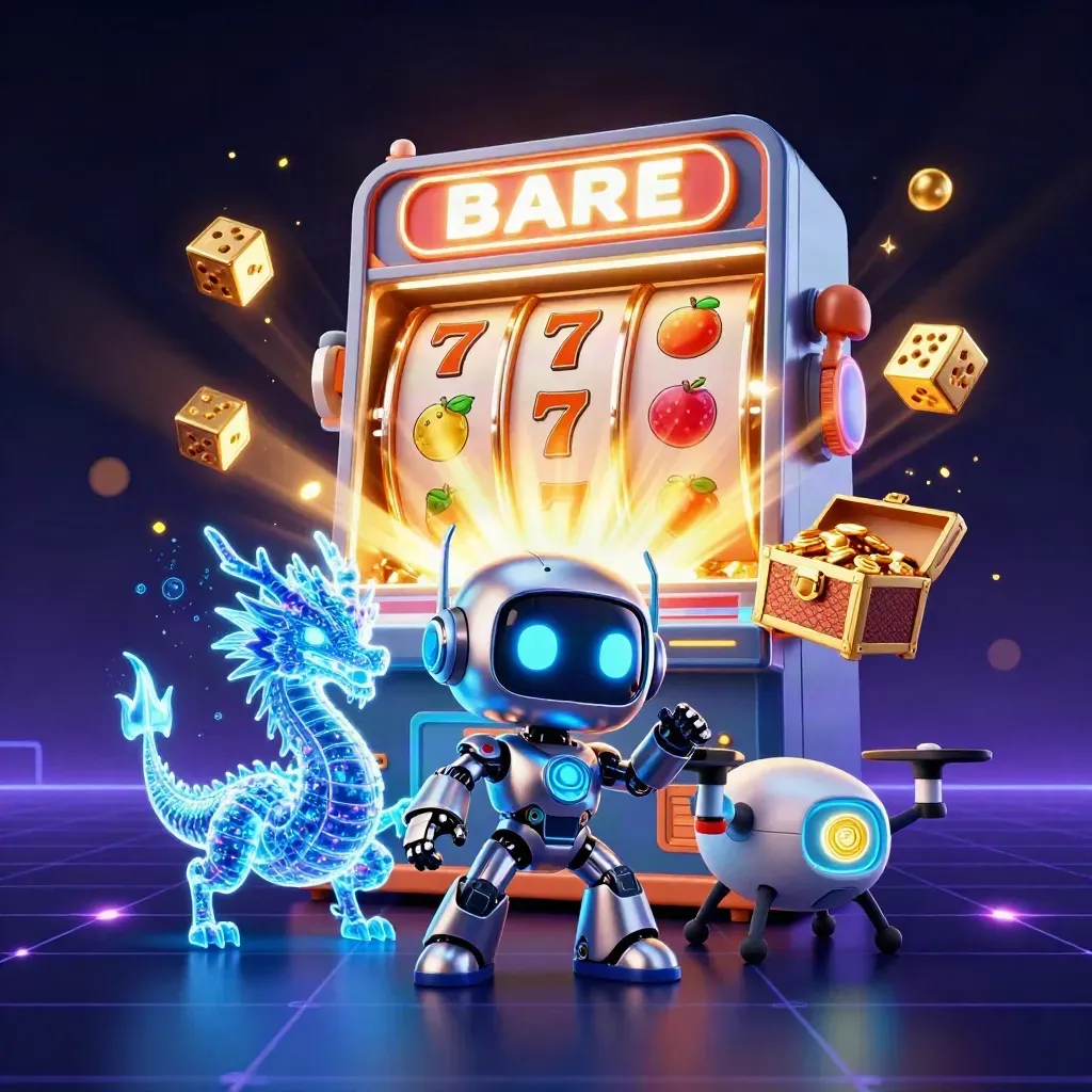 Cyberpunk robot, holographic dragon and coin drone erupt with slot symbols, gold and blue effects.