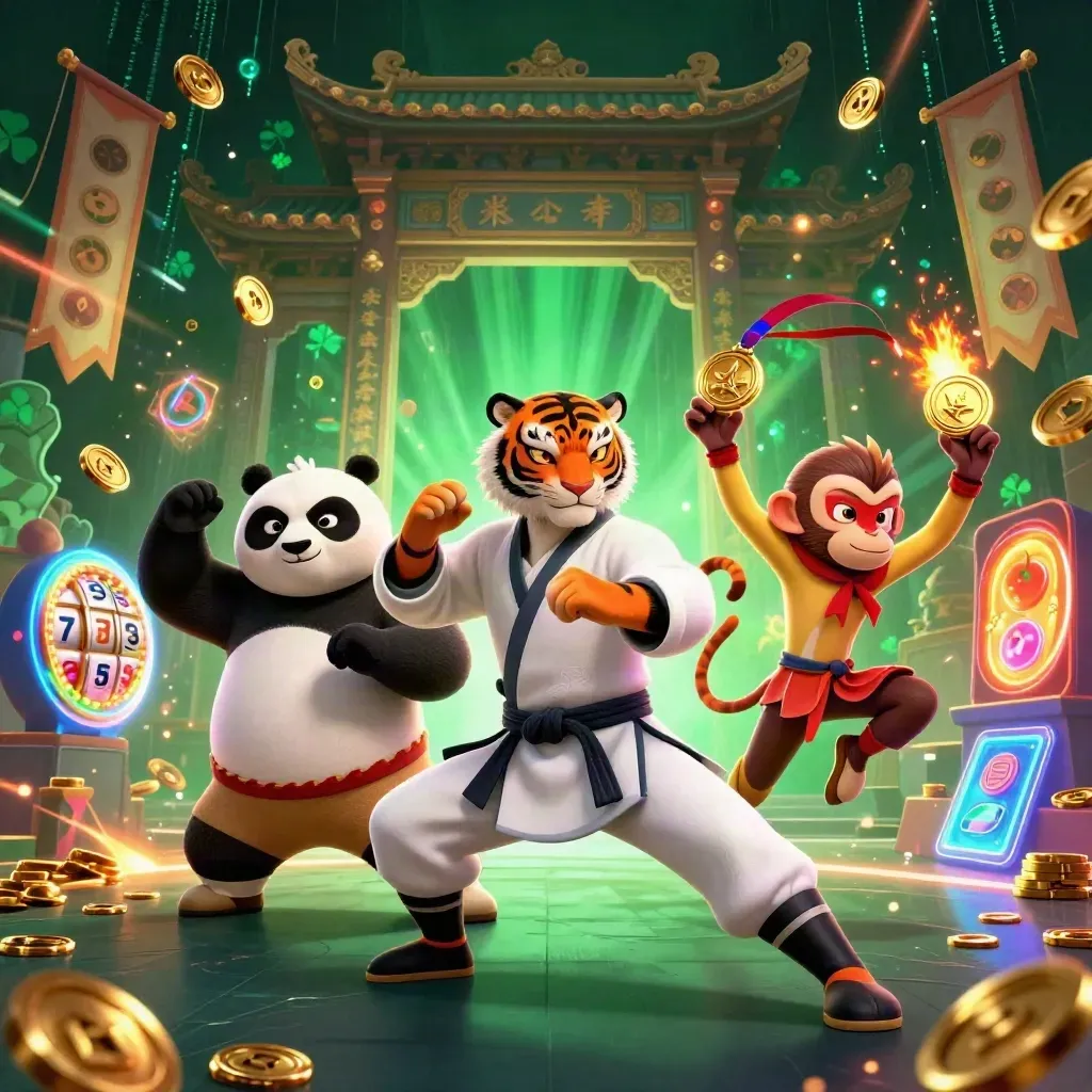 Tiger, panda, and monkey kung-fu heroes amid temple loot, neon sparks, and casino effects.