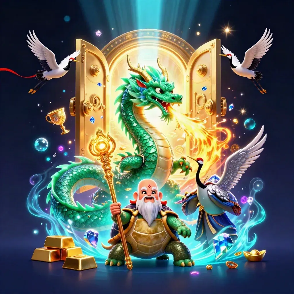 Emerald dragon, turtle sage and cranes burst from a glowing treasure vault in electric blue light.