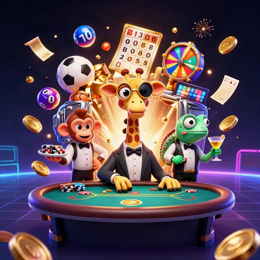 Giraffe, monkey, and chameleon at a casino table as coins, balls, and fireworks burst.