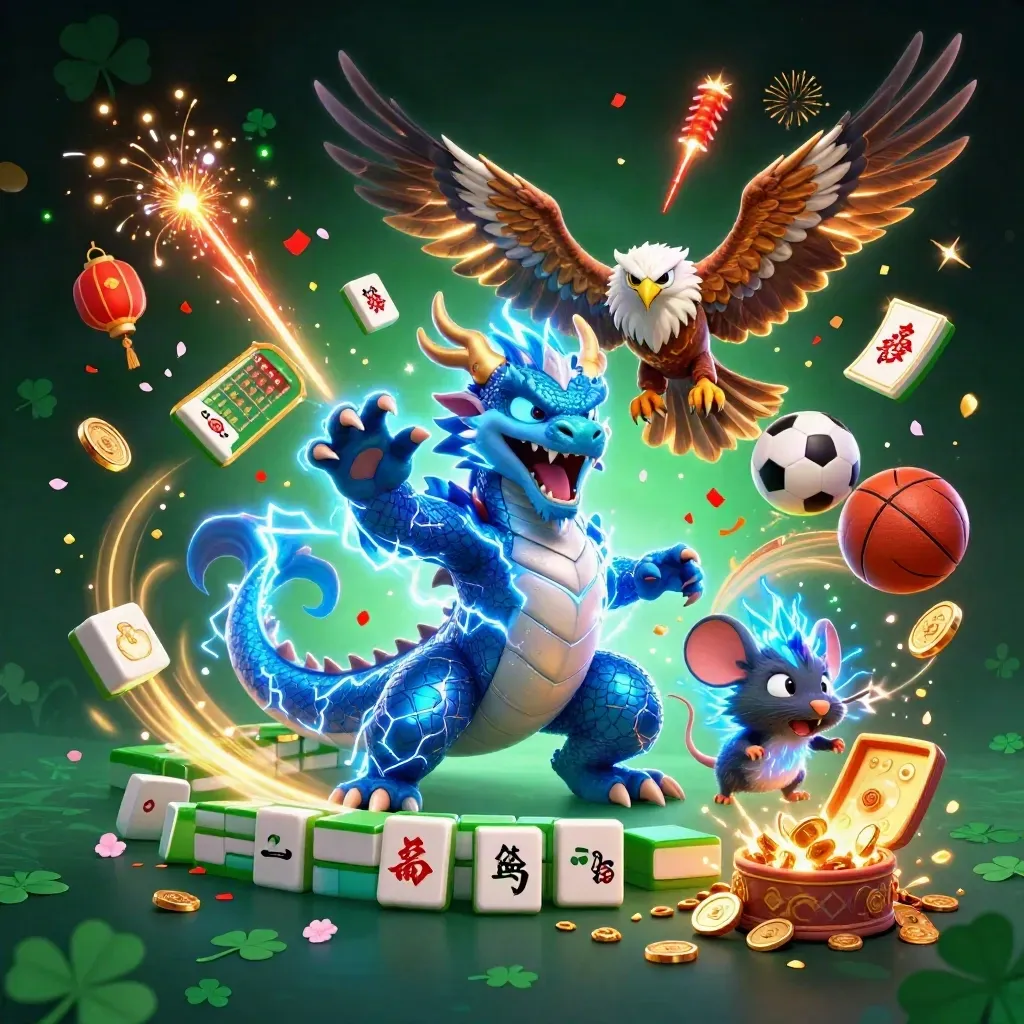 Thunder dragon, hawk and mouse amid coins, lanterns, fireworks and casino icons in neon glow.