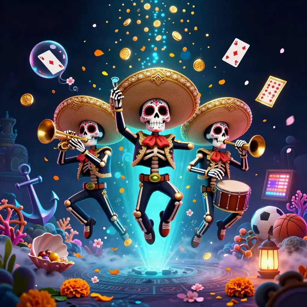 Skeleton mariachi trio amid treasure coins, coral, petals, and casino icons in a dark neon glow.
