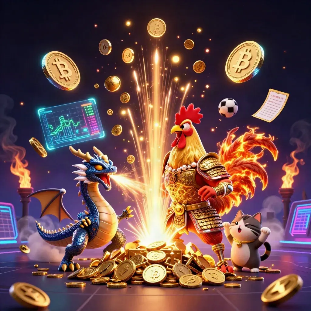 Rooster samurai, spark-breathing dragon hatchling and fortune cat amid coins, fireworks and neon casino effects.