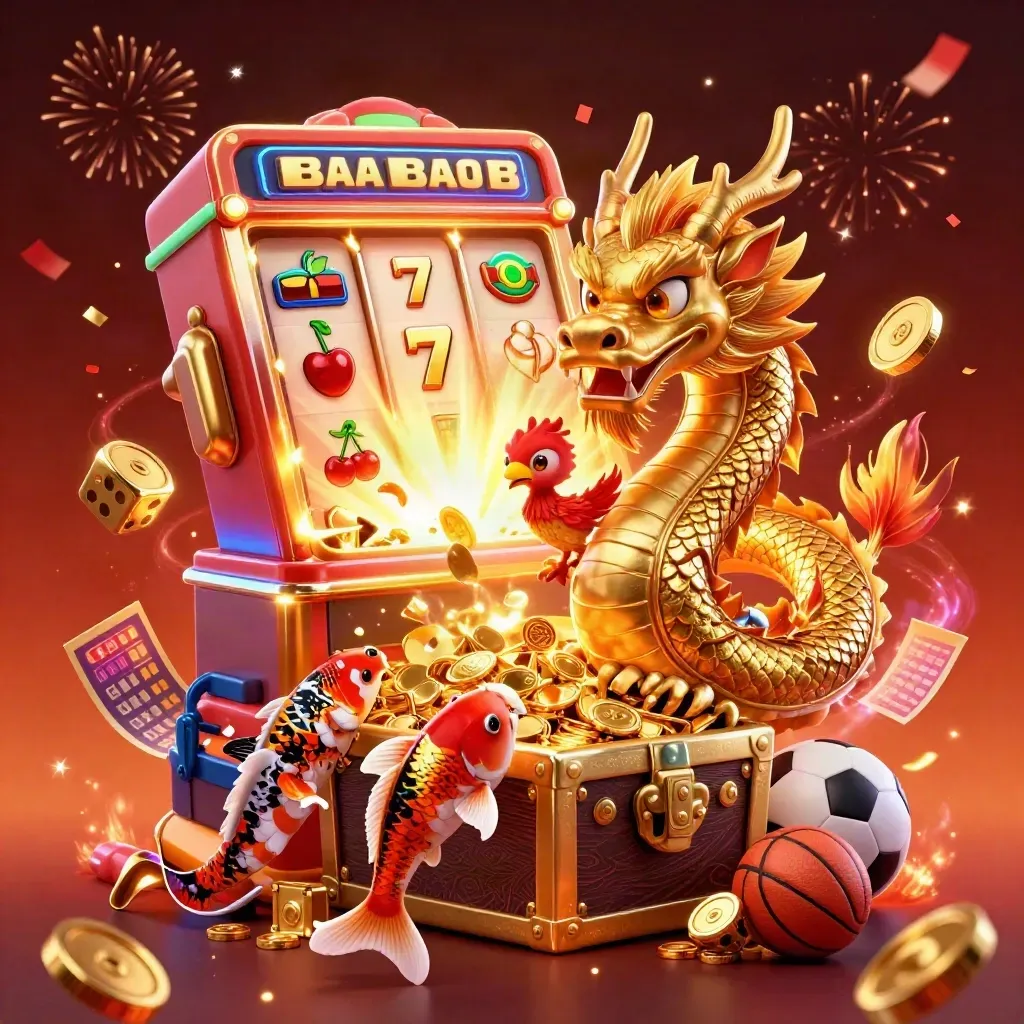 Dragon, phoenix, koi, slot machine, coins, fireworks, and sports betting icons in a fiery casino scene