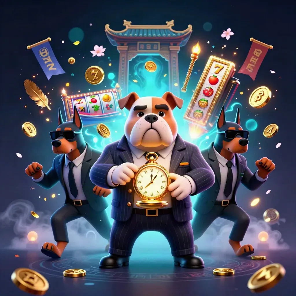 Bulldog mob boss with two Dobermans amid coins, reels, temple gate, and electric casino glow.