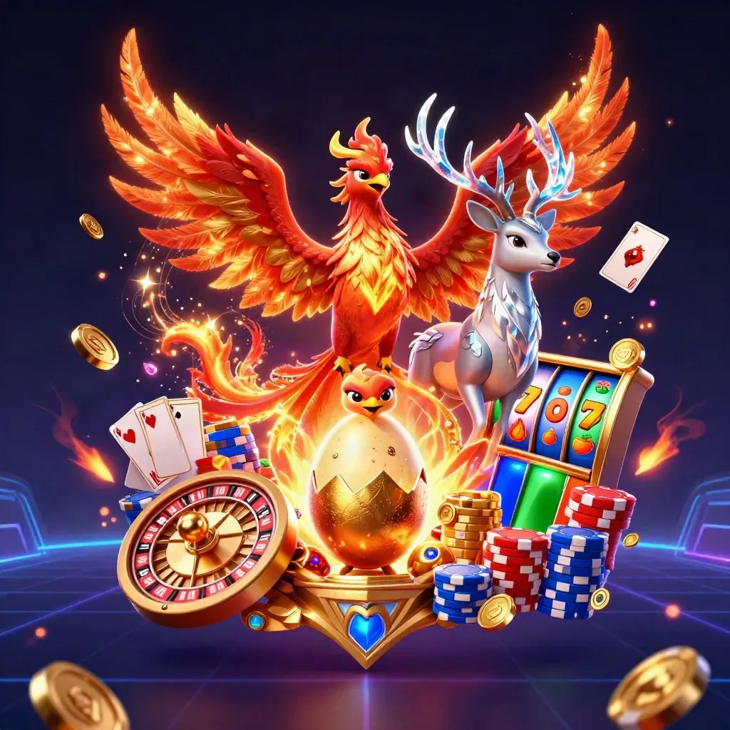 Fire phoenix, baby phoenix, and crystal stag amid casino coins, reels, cards, chips, and neon glow