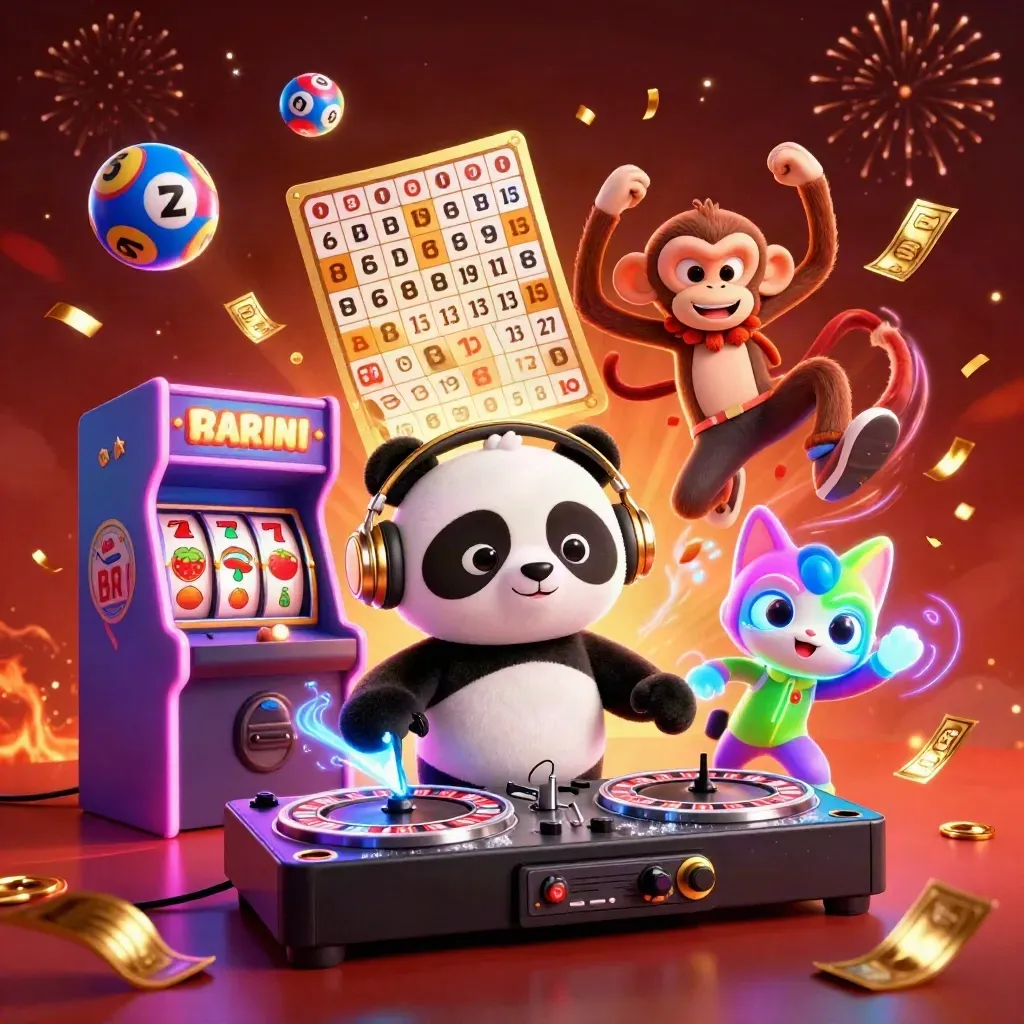 DJ panda, monkey, and glow-stick kitten amid casino bursts, embers, fireworks, and neon arcade glow.