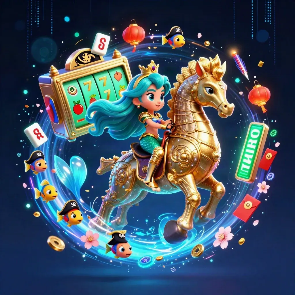 Turquoise mermaid princess rides a gold-armored seahorse amid jade casino sparks.