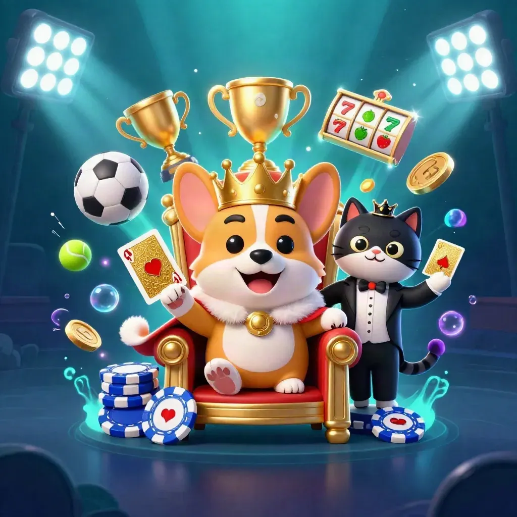 Crowned corgi and cat butler ride poker chips amid glowing sports balls and slot symbols.