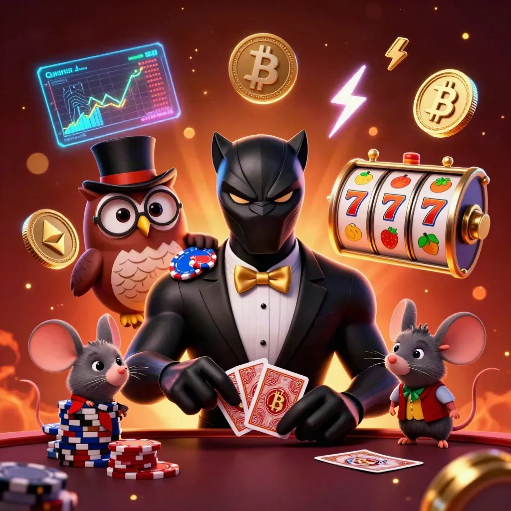 Panther, owl, and mouse casino heroes amid glowing coins, charts, and reels in a dark ember-lit scene.