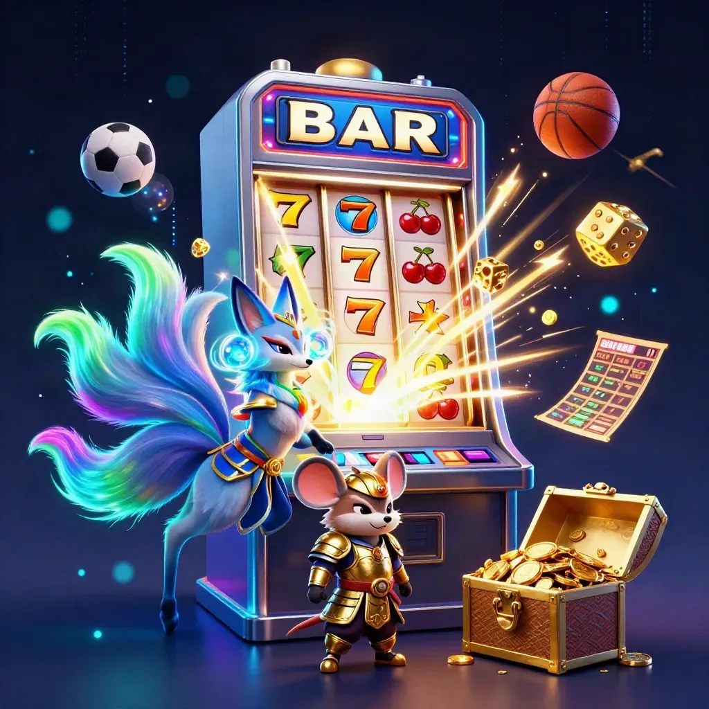 Neon fox spirit and armored mouse amid slot machine jackpots, gold, and electric casino effects