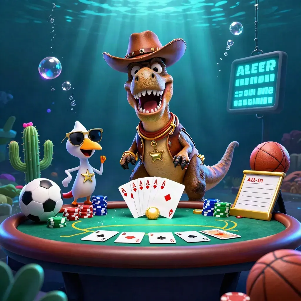 Cowboy T-Rex, cactus sidekick, and roadrunner in an underwater casino scene with chips and neon glow.