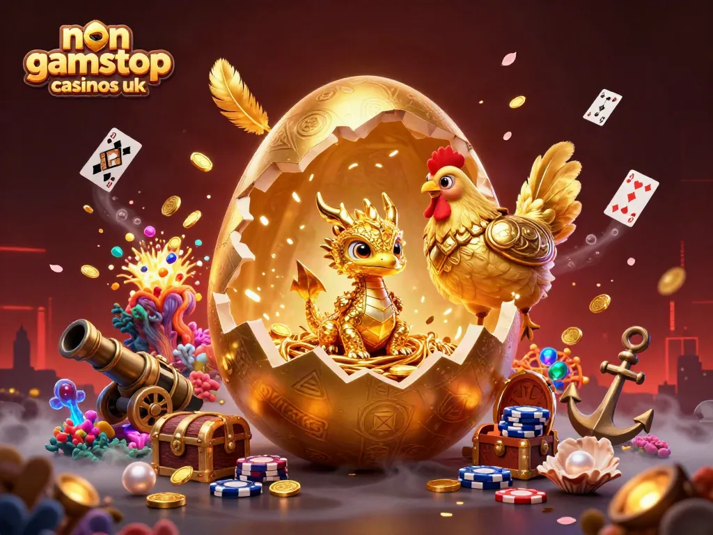 Engage with non gamstop casinos uk featuring a baby dragon and golden poker chips in a vibrant casino setting.