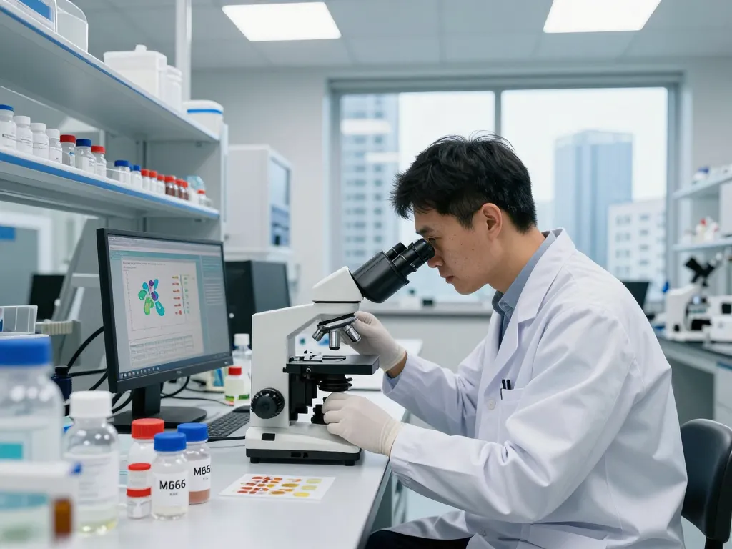 Researcher analyzing MB66 film in a modern lab setting, showcasing advanced health solutions.