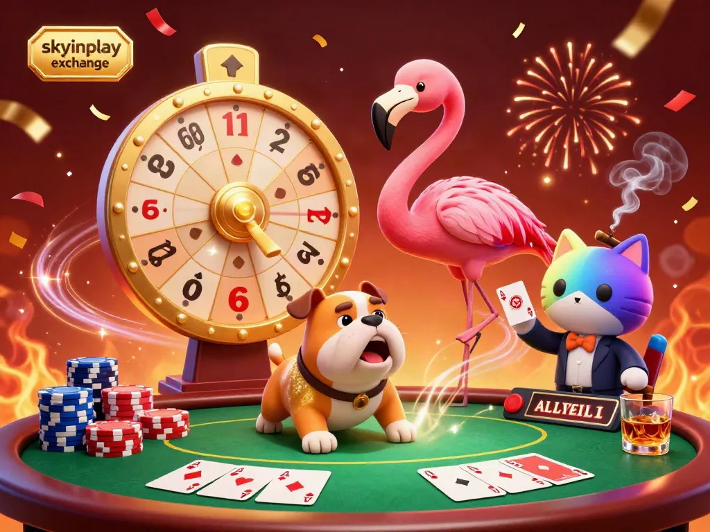 Excited characters showcase the skyinplay exchange as they interact around a vibrant gaming scene filled with colorful poker elements.