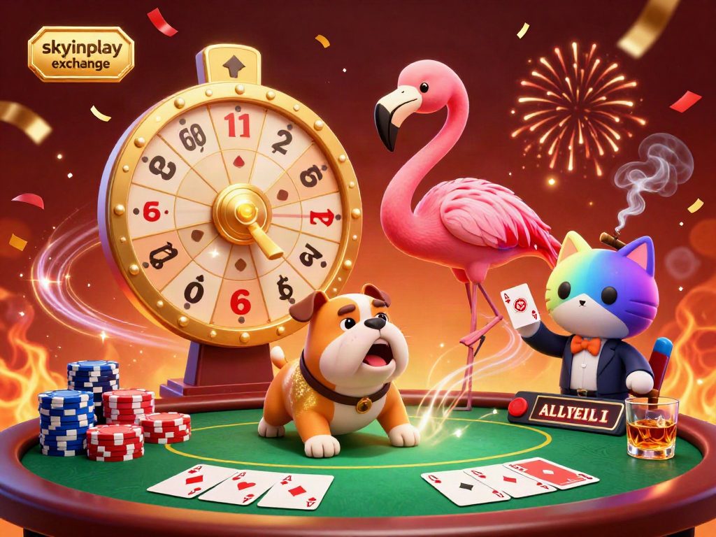 Excited characters showcase the skyinplay exchange as they interact around a vibrant gaming scene filled with colorful poker elements.