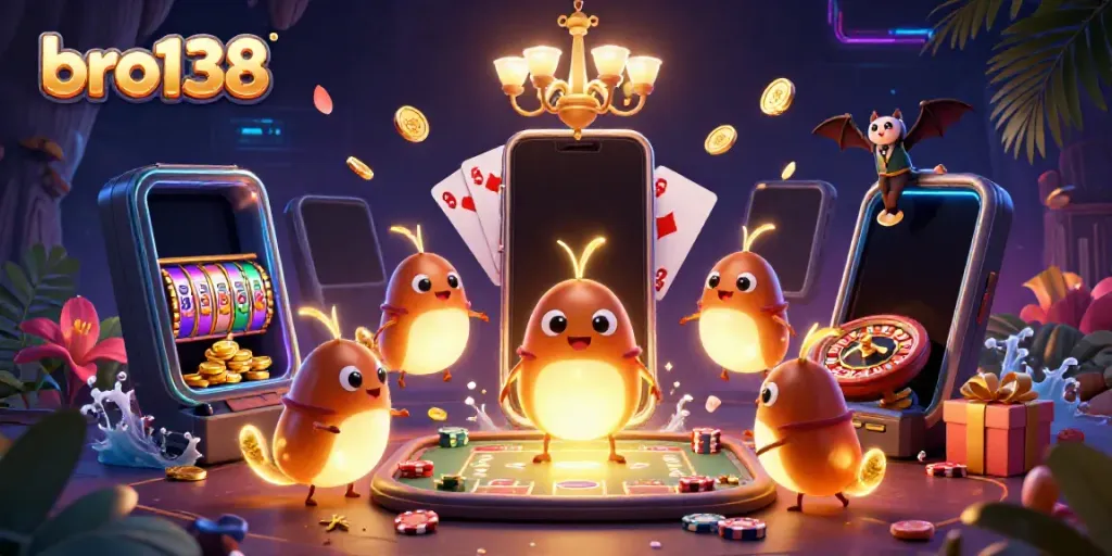 Experience fun at bro138 with glowworms in a vibrant cave casino, featuring slots and playing cards.