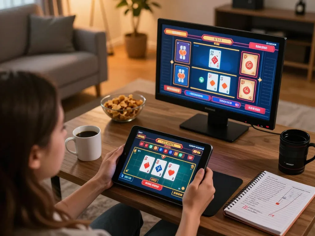 Engaged player enjoying casinoer uden rofus on a tablet, cozy home gaming setup.