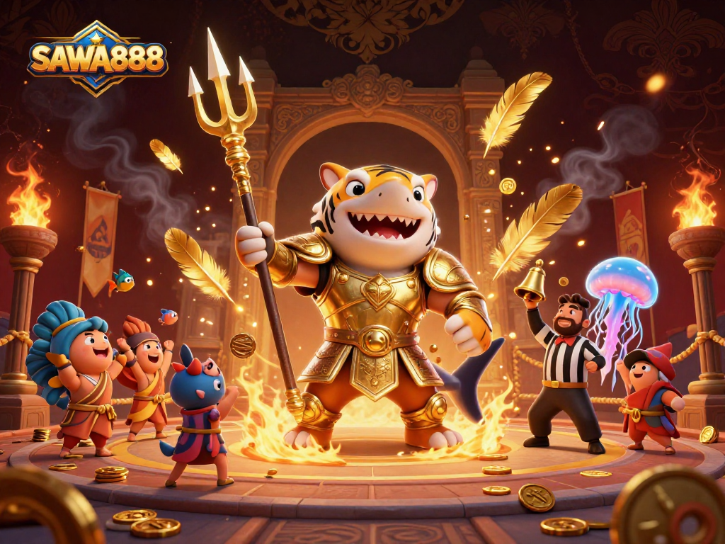 Engage with SAWA888, experiencing thrilling slots gameplay amidst vibrant underwater gladiator action.