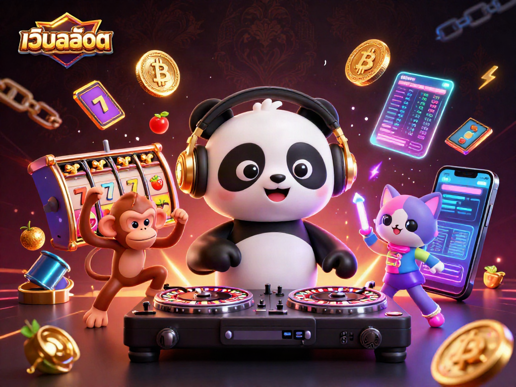 Spin to win at เว็บสล็อต with our DJ panda, breakdancing monkey, and glow-stick kitten in an electrifying scene!