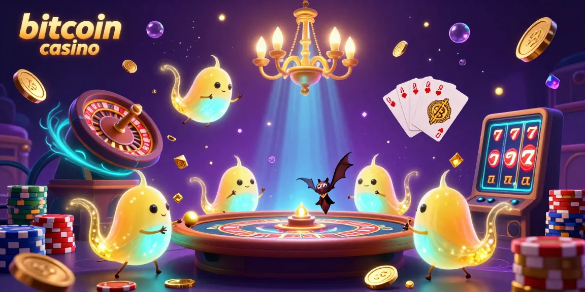 Exciting bitcoin casino scene with glowworms illuminating a vibrant game area, featuring cascading coins and cards.