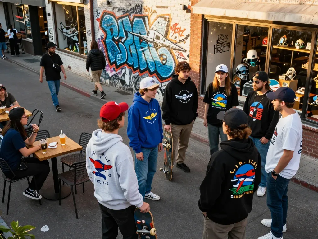 Vibrant urban scene with trendy individuals showcasing Fly88 aviation-inspired apparel during golden hour, capturing the essence of adventure.