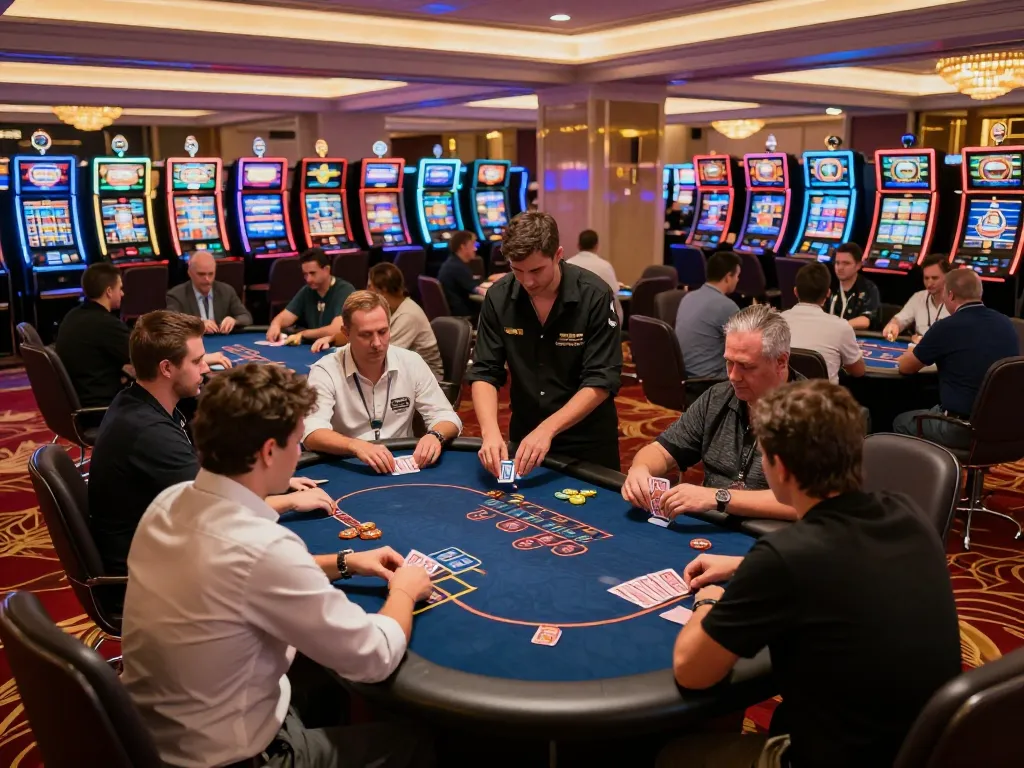Experience thrilling gameplay at okking's vibrant casino floor, featuring active poker tables and dazzling slot machines.