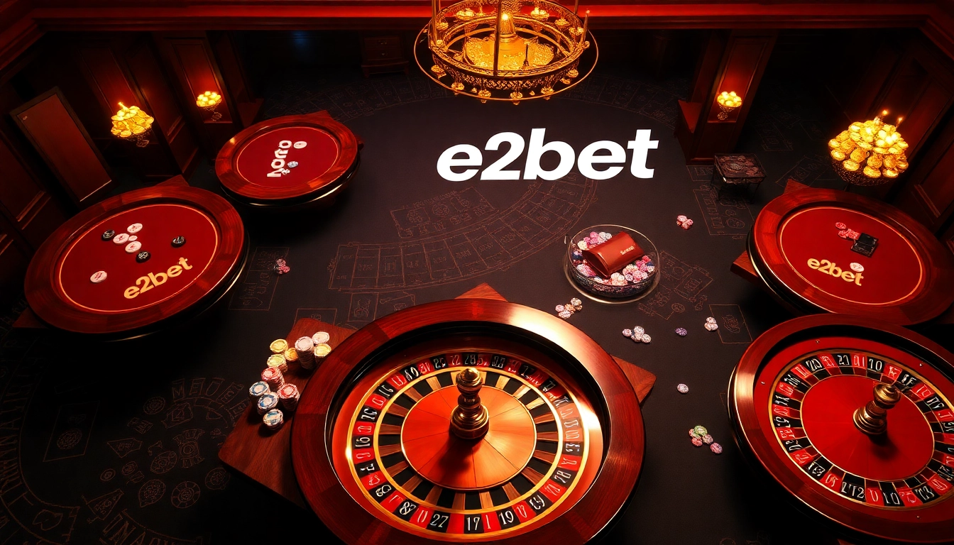 Experience the excitement of e2bet with vibrant poker chips and a roulette wheel in a luxurious casino setting.