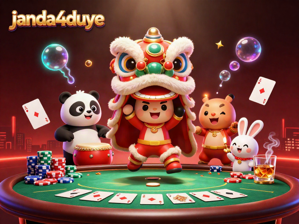Gambaran karakter lucu janda4duye beraksi di meja poker dengan dekorasi merah dan emas.
