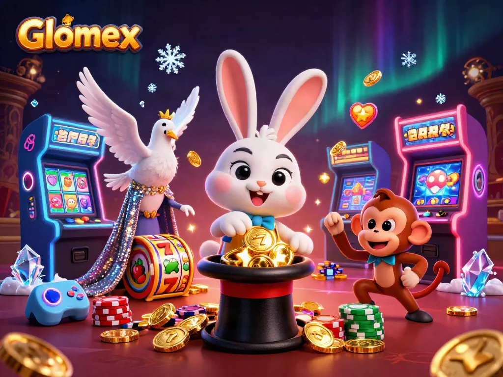Catch the magic of Glomex with a lively casino scene featuring a magician rabbit and action-packed gaming elements.