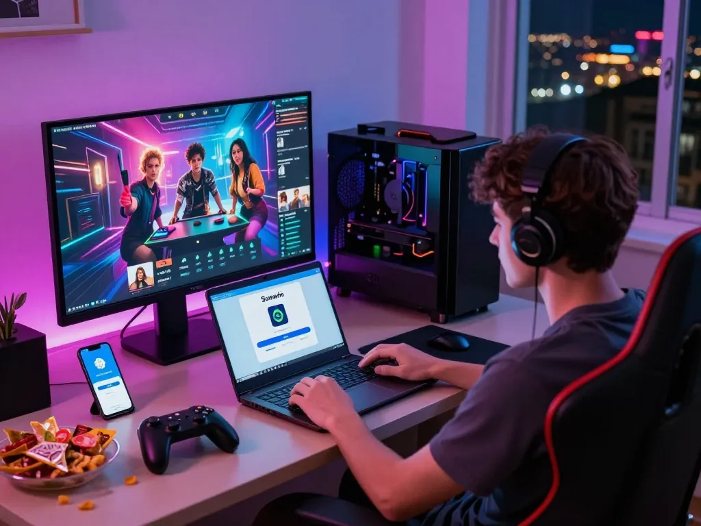 Player engaged in cách tải sunwin download in a vibrant gaming setup at home