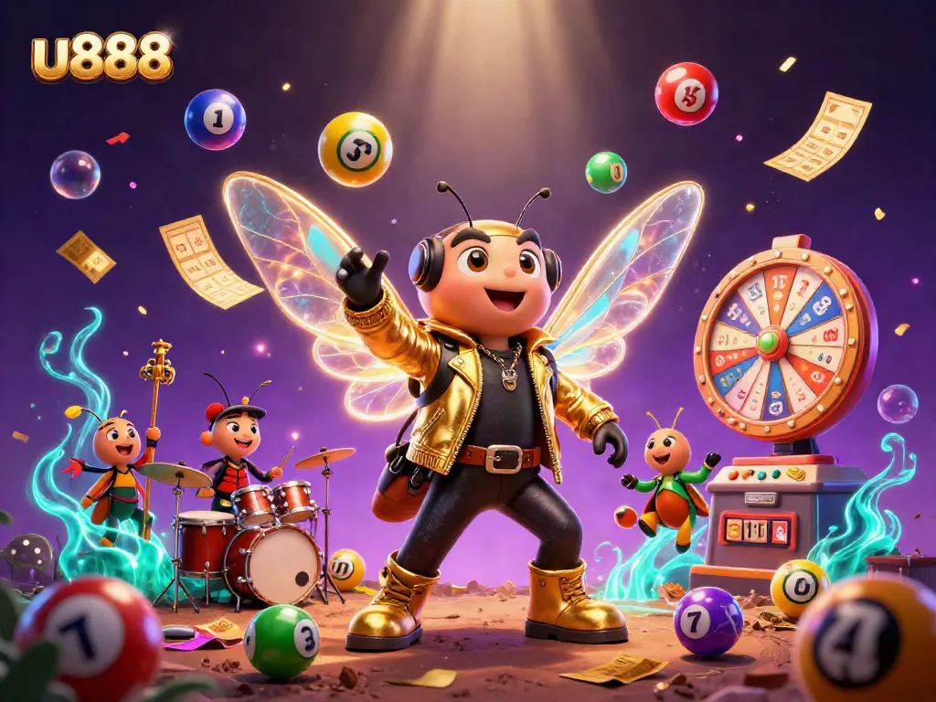 Spin and win with u888 in a vibrant casino scene of colorful lottery elements and animated characters.