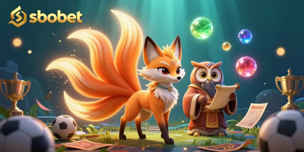 Engage with sbobet's sports betting excitement featuring a colorful nine-tailed fox and wise owl amidst vibrant game elements.