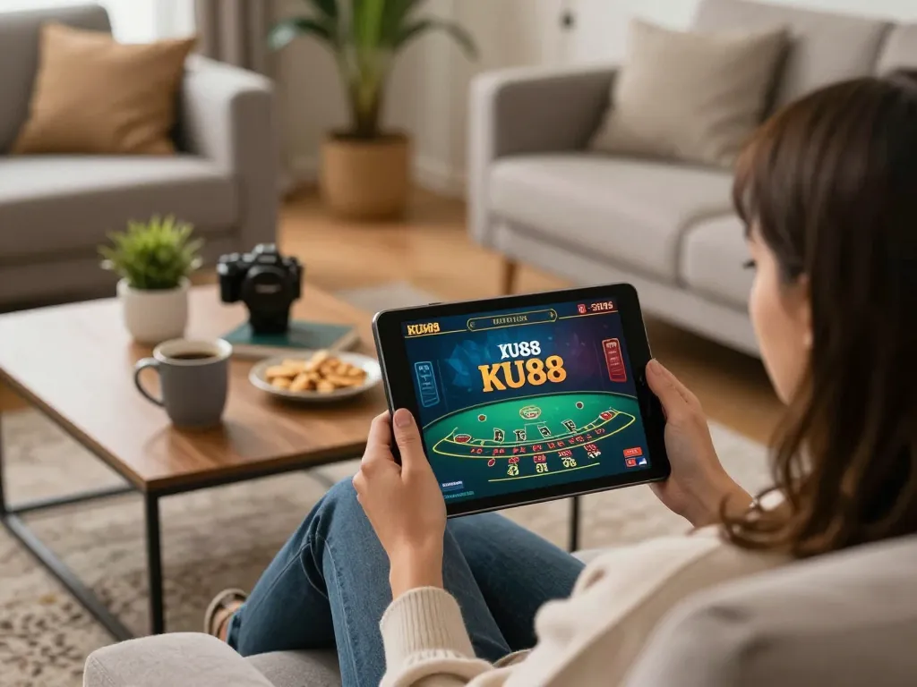 Engaging in online blackjack on KU88 tablet with cozy home backdrop, promoting responsible gaming.