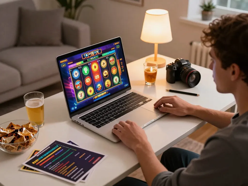 Engaged player enjoying slot gaming on barbanoglass laptop in a cozy home office environment.
