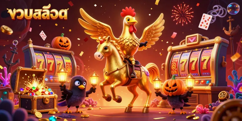 Play slots with the golden rooster in a vibrant casino scene full of exciting elements and treasure.