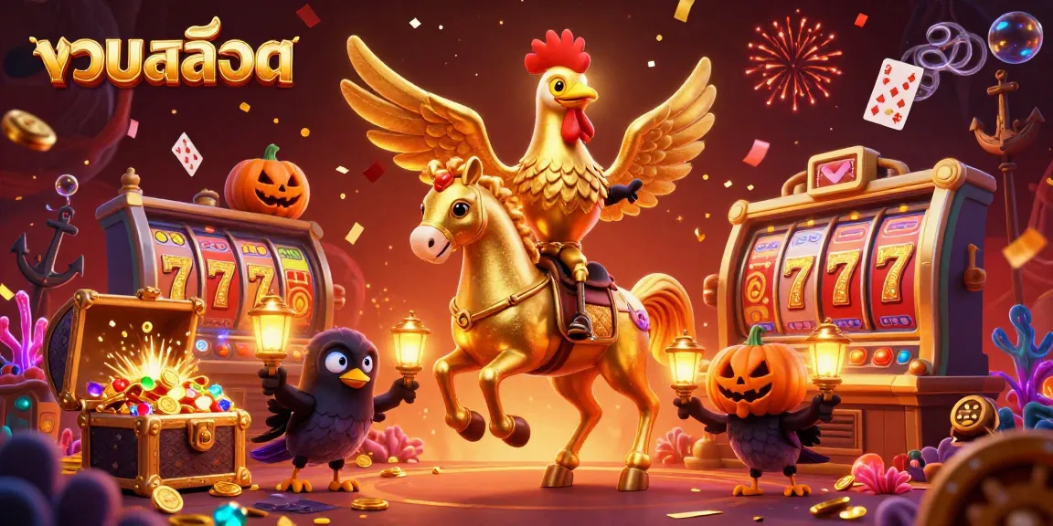 Play slots with the golden rooster in a vibrant casino scene full of exciting elements and treasure.