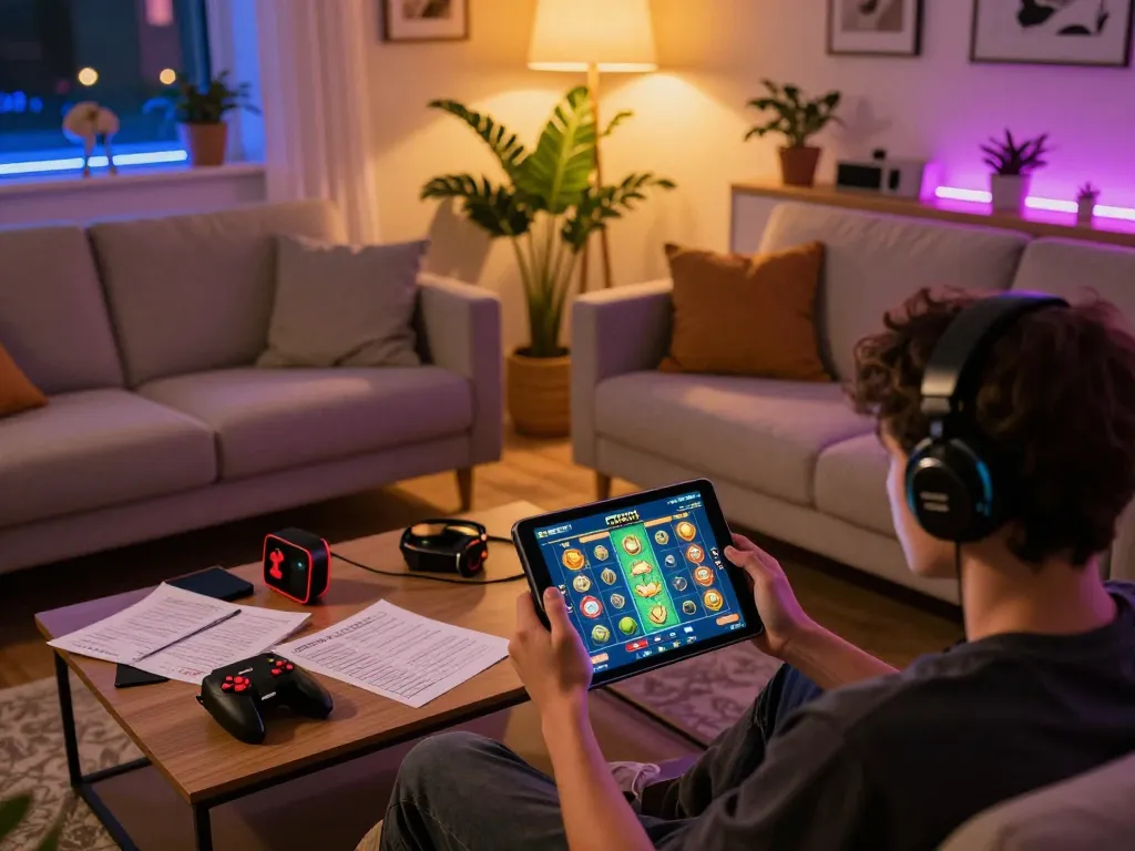 Nohu players enjoying slots from home, with a tablet displaying vibrant gaming interface in a cozy setting.