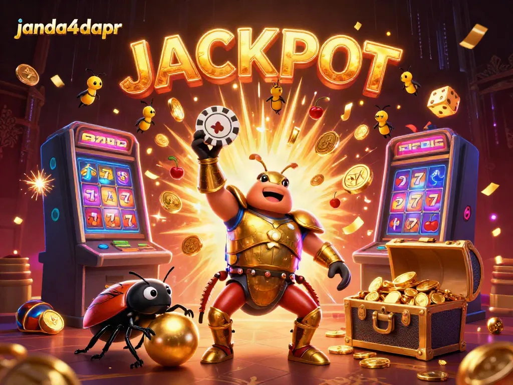 Bermain game slot di janda4dapr dengan karakter lucu dan simbol jackpot yang menyala.