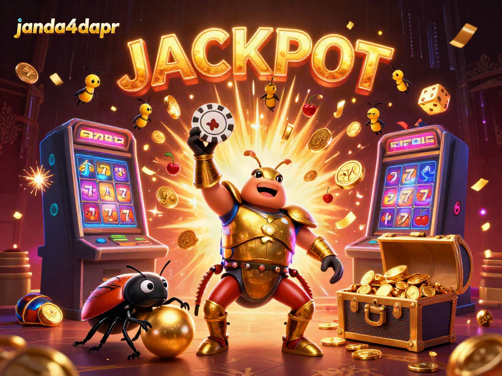 Bermain game slot di janda4dapr dengan karakter lucu dan simbol jackpot yang menyala.