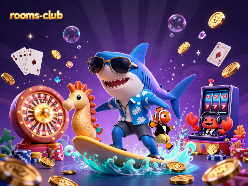 Menangkan jackpot di rooms-club dengan gambar karakter 3D unik dan elemen kasino menarik.