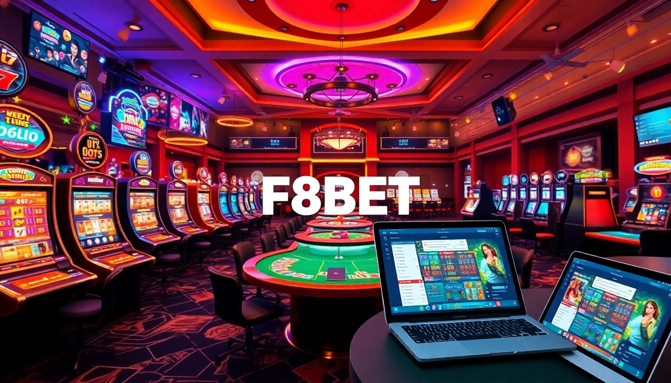 F8BET online betting platform showcasing vibrant casino games and digital interfaces.