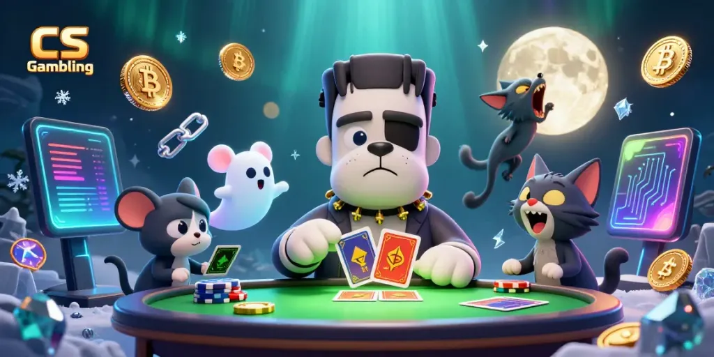 Experience CS Gambling with a vibrant 3D illustration of a Frankenstein bulldog dealing cards surrounded by crypto coins.